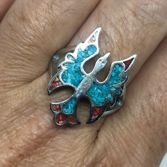 Vintage Thunderbird Ring Turquoise Coral Inlay - Picture 3 of 7